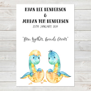 Baby Dinosaur Twins Print, Cute Birth Announcement, Neutral Personalised Gift