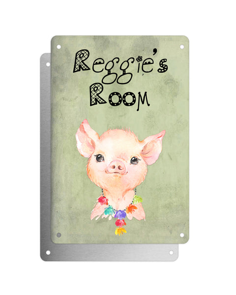 Cute Animal Personalised Name Plaque – Baby Pig With Hawaiian Lei | Vintage-Style Green Aluminium Sign for Kids’ Room