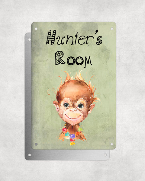 Cute Animal Personalised Name Plaque – Baby Orangutan With Hawaiian Lei | Vintage-Style Green Aluminium Sign for Kids’ Room