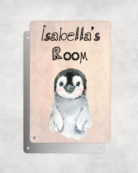 Cute Animal Personalised Name Plaque – Baby Penguin | Vintage-Style Aluminium Sign for Kids’ Room