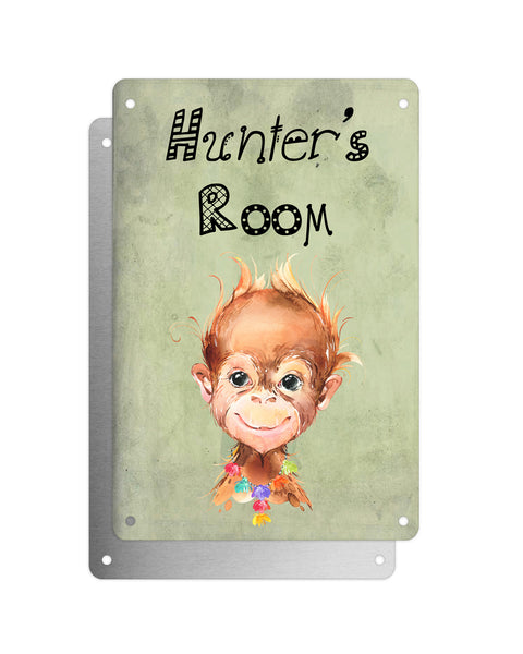 Cute Animal Personalised Name Plaque – Baby Orangutan With Hawaiian Lei | Vintage-Style Green Aluminium Sign for Kids’ Room