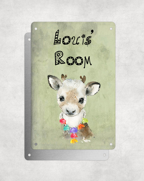 Cute Animal Personalised Name Plaque – Baby Reindeer With Hawaiian Lei | Vintage-Style Green Aluminium Sign for Kids’ Room