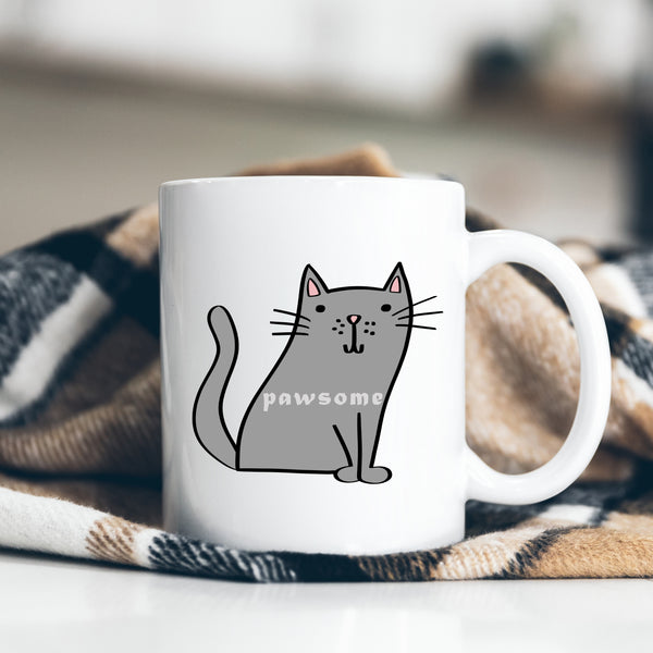 Pawsome, Funny Birthday Gift with Grey Cat Design, Personalised Mug