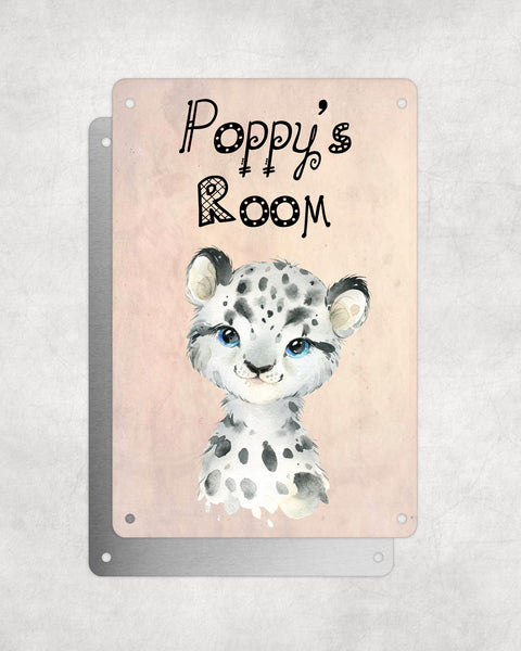 Cute Animal Personalised Name Plaque – Baby Leopard | Vintage-Style Aluminium Sign for Kids’ Room