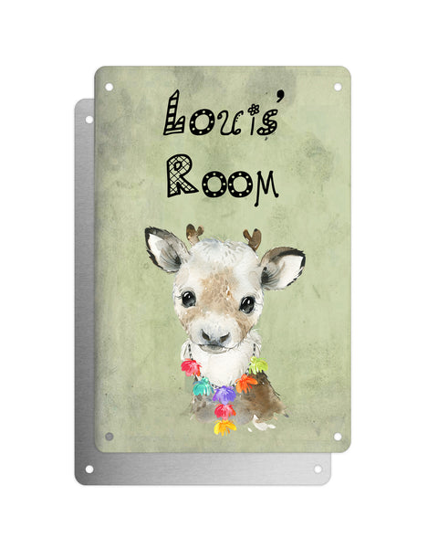 Cute Animal Personalised Name Plaque – Baby Reindeer With Hawaiian Lei | Vintage-Style Green Aluminium Sign for Kids’ Room