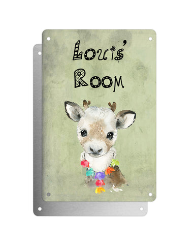 Cute Animal Personalised Name Plaque – Baby Reindeer With Hawaiian Lei | Vintage-Style Green Aluminium Sign for Kids’ Room