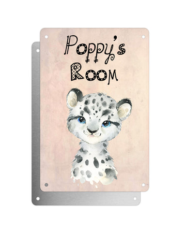 Cute Animal Personalised Name Plaque – Baby Leopard | Vintage-Style Aluminium Sign for Kids’ Room