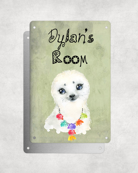 Cute Animal Personalised Name Plaque – Baby Seal With Hawaiian Lei | Vintage-Style Green Aluminium Sign for Kids’ Room