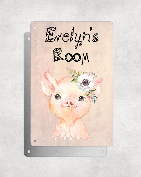 Cute Animal Personalised Name Plaque – Baby Pig With Flower | Vintage-Style Aluminium Sign for Kids’ Room