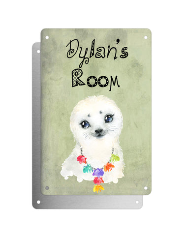 Cute Animal Personalised Name Plaque – Baby Seal With Hawaiian Lei | Vintage-Style Green Aluminium Sign for Kids’ Room