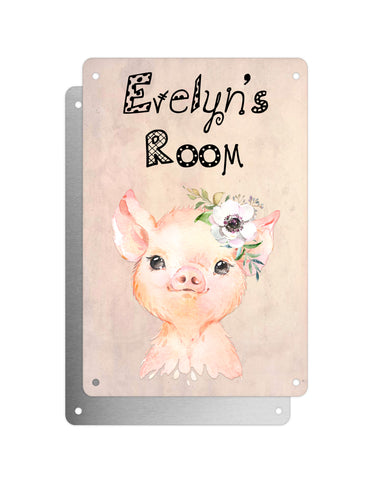 Cute Animal Personalised Name Plaque – Baby Pig With Flower | Vintage-Style Aluminium Sign for Kids’ Room