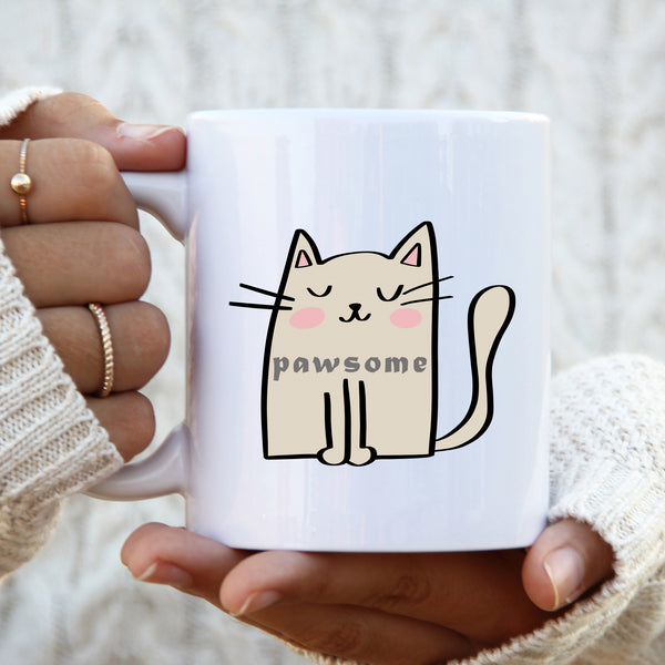 Pawsome, Funny Birthday Gift with Cream Cat Design, Personalised Mug