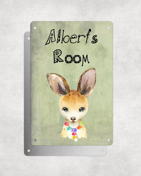 Cute Animal Personalised Name Plaque – Baby Kangaroo With Hawaiian Lei | Vintage-Style Green Aluminium Sign for Kids’ Room