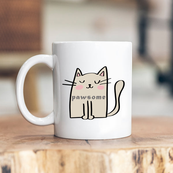 Pawsome, Funny Birthday Gift with Cream Cat Design, Personalised Mug