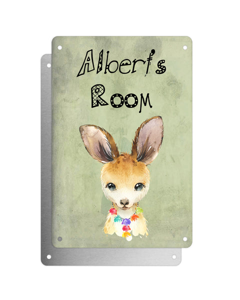 Cute Animal Personalised Name Plaque – Baby Kangaroo With Hawaiian Lei | Vintage-Style Green Aluminium Sign for Kids’ Room