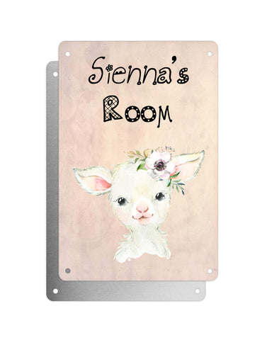 Cute Animal Personalised Name Plaque – Baby Lamb With Flower | Vintage-Style Aluminium Sign for Kids’ Room