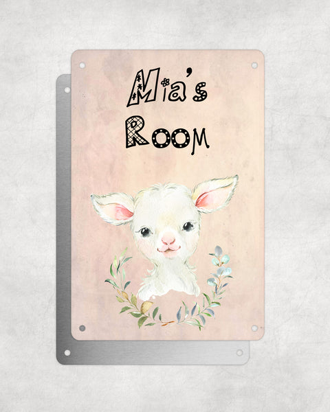 Cute Animal Personalised Name Plaque – Baby Lamb With Wreath | Vintage-Style Aluminium Sign for Kids’ Room