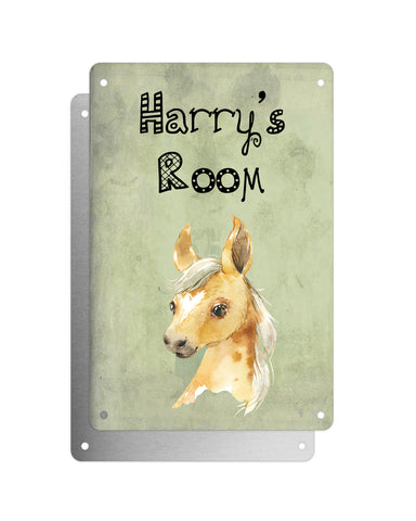 Cute Animal Personalised Name Plaque – Baby Foal | Vintage-Style Green Aluminium Sign for Kids’ Room