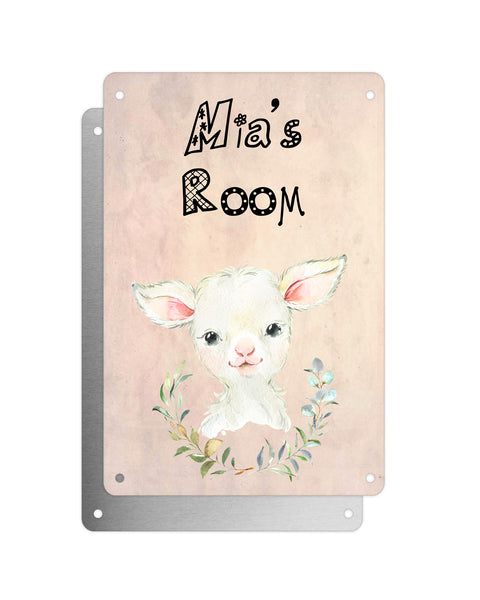 Cute Animal Personalised Name Plaque – Baby Lamb With Wreath | Vintage-Style Aluminium Sign for Kids’ Room