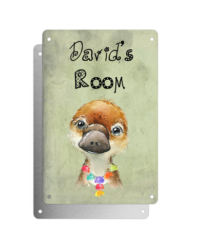 Cute Animal Personalised Name Plaque – Baby Platypus With Hawaiian Lei | Vintage-Style Green Aluminium Sign for Kids’ Room