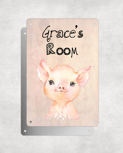 Cute Animal Personalised Name Plaque – Baby Pig | Vintage-Style Aluminium Sign for Kids’ Room