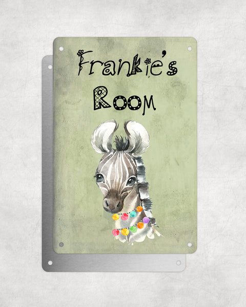Cute Animal Personalised Name Plaque – Baby Zebra With Hawaiian Lei | Vintage-Style Green Aluminium Sign for Kids’ Room