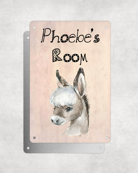 Cute Animal Personalised Name Plaque – Baby Donkey | Vintage-Style Aluminium Sign for Kids’ Room
