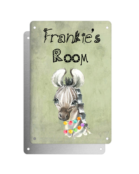 Cute Animal Personalised Name Plaque – Baby Zebra With Hawaiian Lei | Vintage-Style Green Aluminium Sign for Kids’ Room