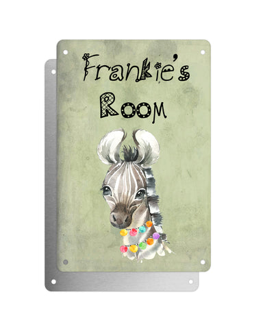 Cute Animal Personalised Name Plaque – Baby Zebra With Hawaiian Lei | Vintage-Style Green Aluminium Sign for Kids’ Room