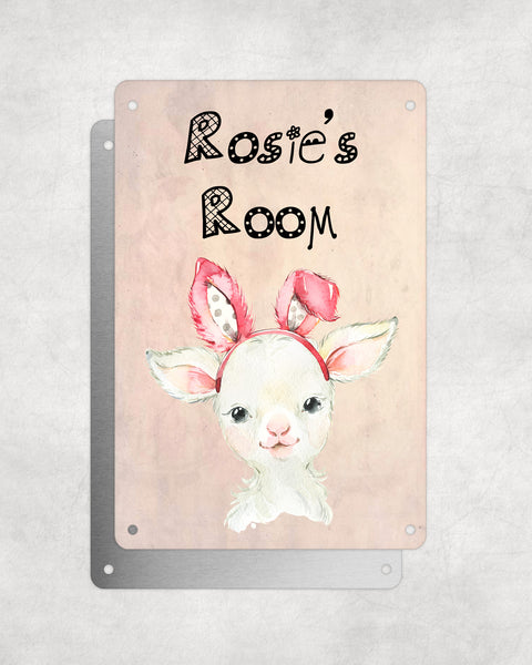 Cute Animal Personalised Name Plaque – Baby Lamb With Bunny Ears | Vintage-Style Aluminium Sign for Kids’ Room