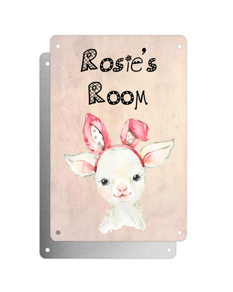 Cute Animal Personalised Name Plaque – Baby Lamb With Bunny Ears | Vintage-Style Aluminium Sign for Kids’ Room