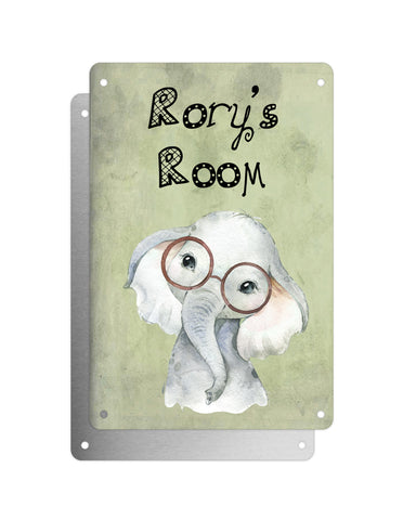 Cute Animal Personalised Name Plaque – Baby Elephant With Brown Glasses | Vintage-Style Green Aluminium Sign for Kids’ Room