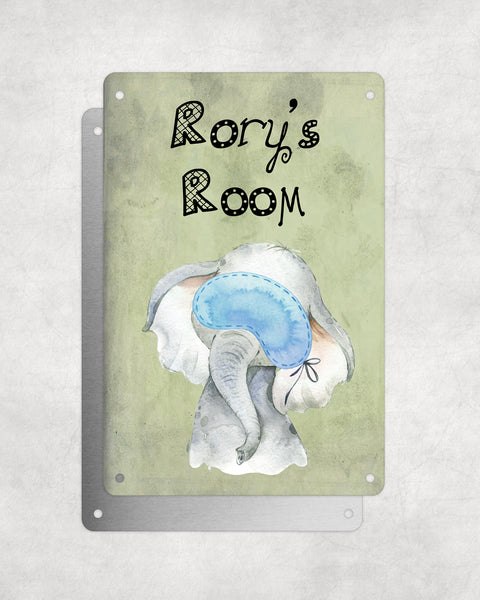 Cute Animal Personalised Name Plaque – Baby Elephant With Sleep Mask | Vintage-Style Green Aluminium Sign for Kids’ Room