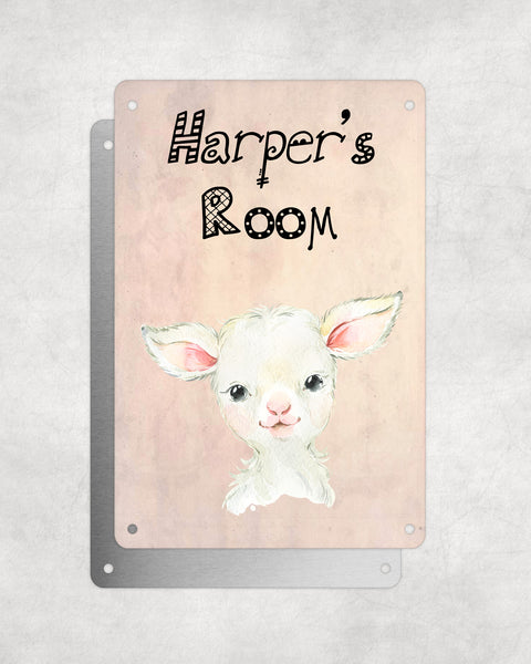 Cute Animal Personalised Name Plaque – Baby Lamb | Vintage-Style Aluminium Sign for Kids’ Room