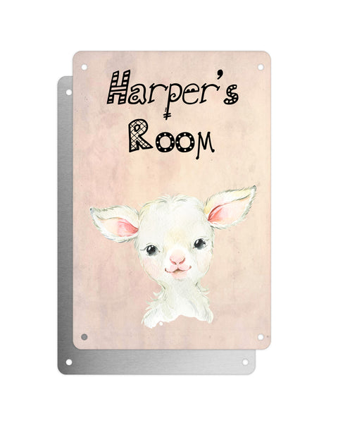 Cute Animal Personalised Name Plaque – Baby Lamb | Vintage-Style Aluminium Sign for Kids’ Room