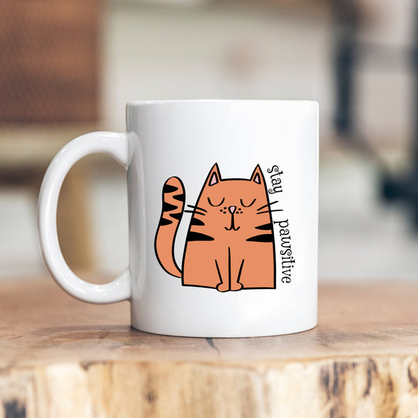 Stay Pawsitive, Funny Birthday Gift with Cat Design, Personalised Mug