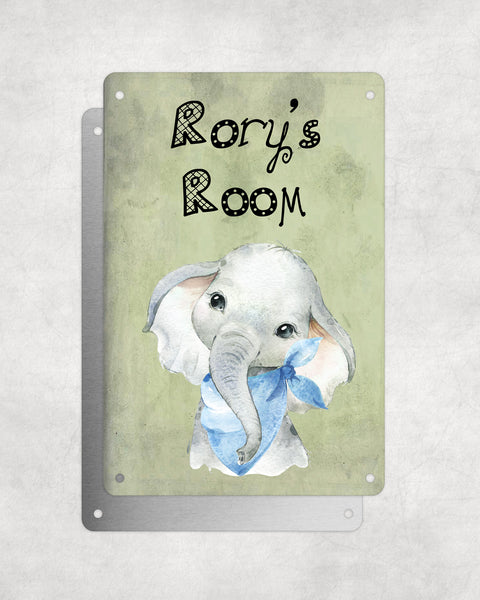 Cute Animal Personalised Name Plaque – Baby Elephant With Blue Neck Tie | Vintage-Style Green Aluminium Sign for Kids’ Room