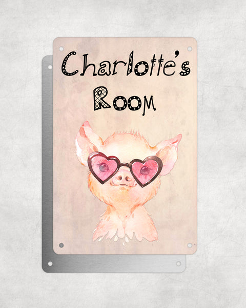 Cute Animal Personalised Name Plaque – Baby Pig Heart Sunglasses | Vintage-Style Aluminium Sign for Kids’ Room