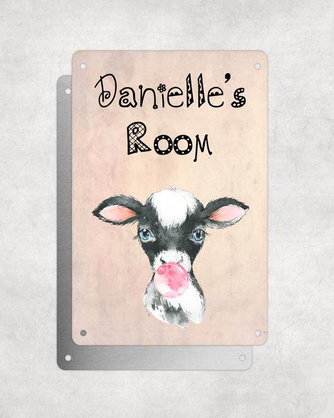 Cute Animal Personalised Name Plaque – Baby Cow with Bubblegum | Vintage-Style Aluminium Sign for Kids’ Room