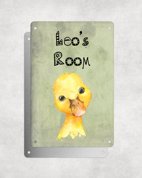 Cute Animal Personalised Name Plaque – Baby Duck | Vintage-Style Green Aluminium Sign for Kids’ Room