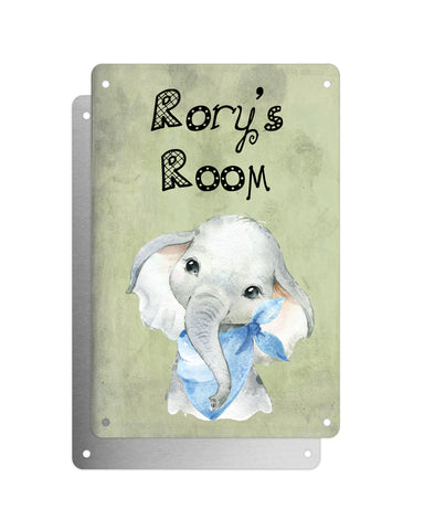 Cute Animal Personalised Name Plaque – Baby Elephant With Blue Neck Tie | Vintage-Style Green Aluminium Sign for Kids’ Room