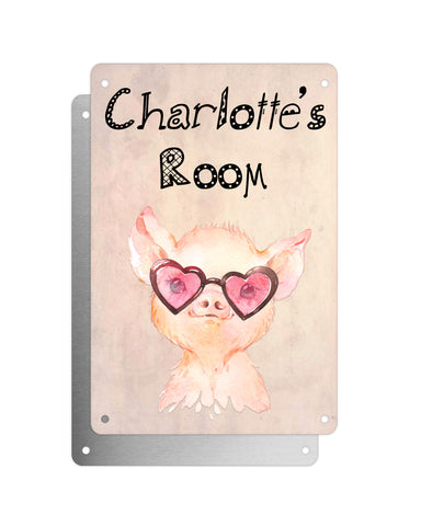 Cute Animal Personalised Name Plaque – Baby Pig Heart Sunglasses | Vintage-Style Aluminium Sign for Kids’ Room