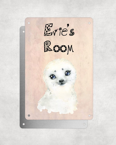 Cute Animal Personalised Name Plaque – Baby Seal | Vintage-Style Aluminium Sign for Kids’ Room