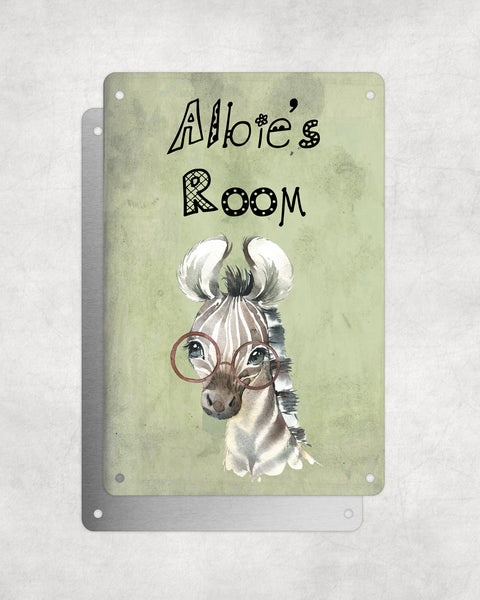 Cute Animal Personalised Name Plaque – Baby Zebra With Brown Glasses | Vintage-Style Green Aluminium Sign for Kids’ Room
