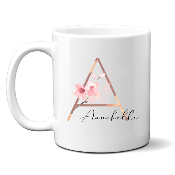 Pretty Floral Initial With Name, Rose Gold and Pink, Stylish Cute Birthday Gift for Her, Personalised Mug