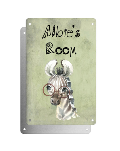 Cute Animal Personalised Name Plaque – Baby Zebra With Brown Glasses | Vintage-Style Green Aluminium Sign for Kids’ Room