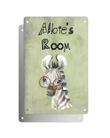 Cute Animal Personalised Name Plaque – Baby Zebra With Brown Glasses | Vintage-Style Green Aluminium Sign for Kids’ Room
