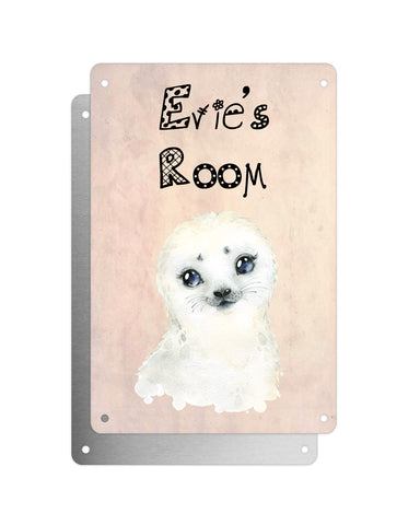 Cute Animal Personalised Name Plaque – Baby Seal | Vintage-Style Aluminium Sign for Kids’ Room