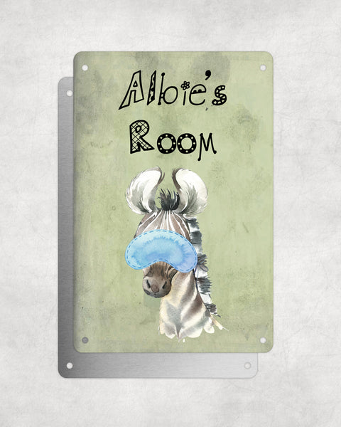 Cute Animal Personalised Name Plaque – Baby Zebra With Sleep Mask | Vintage-Style Green Aluminium Sign for Kids’ Room