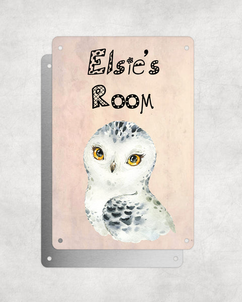 Cute Animal Personalised Name Plaque – Snowy Owl | Vintage-Style Aluminium Sign for Kids’ Room
